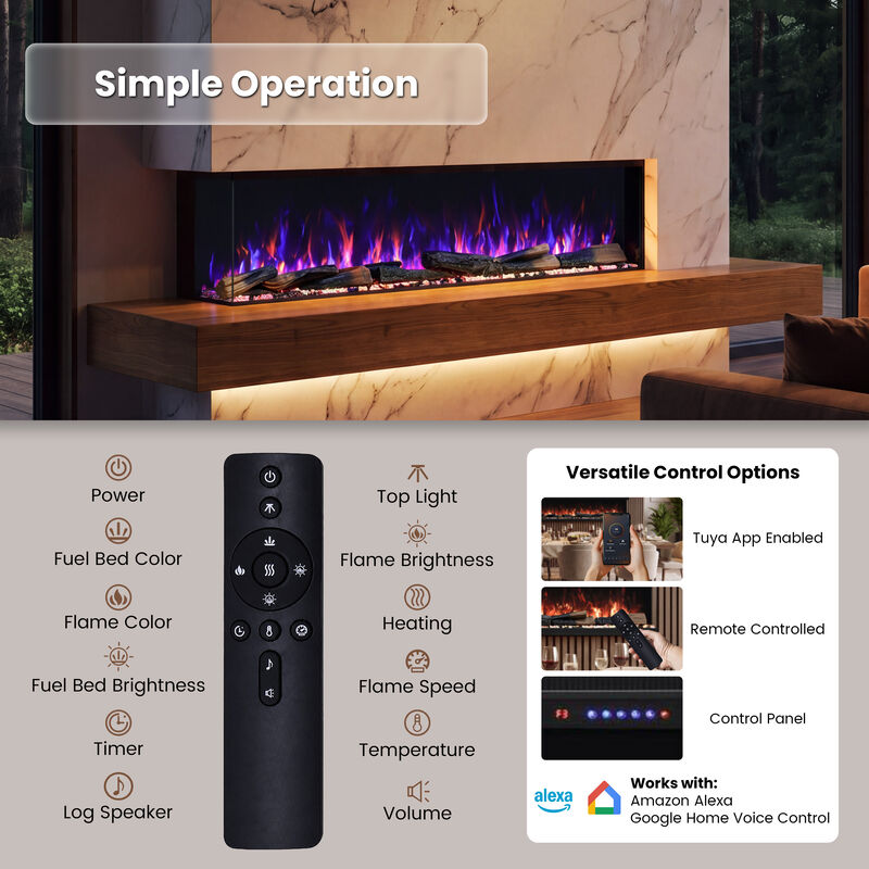 Mondawe 72" 3-Sided Recessed Electric Fireplace, 14-Color Flames, WiFi & Alexa, 3 Heat Settings, Adjustable Thermostat, 1500W image number 7