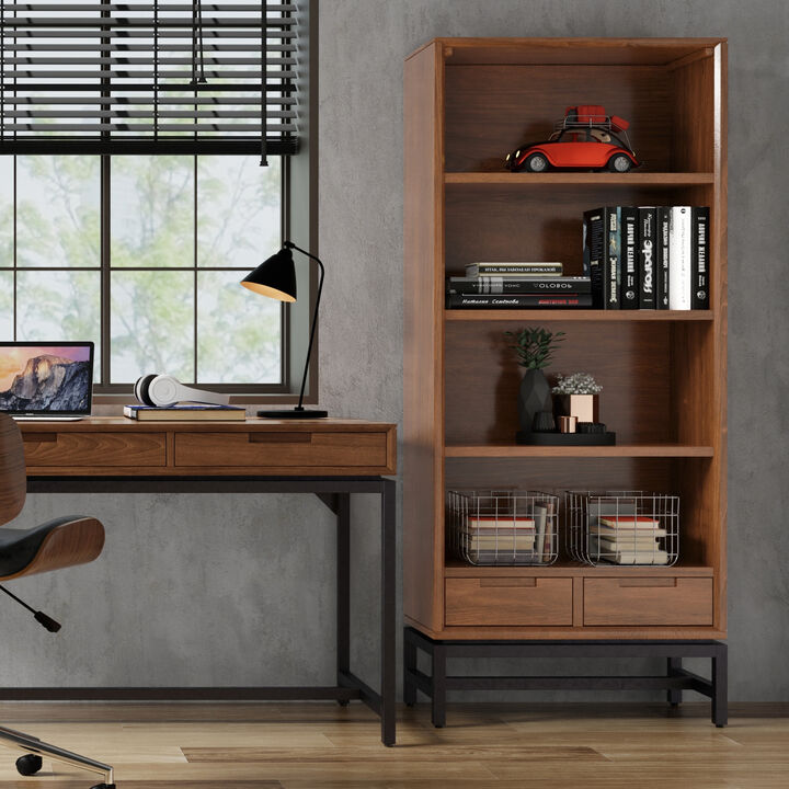 Banting SOLID WOOD and Metal 66 inch x 30 inchRectangle Industrial Bookcase in Walnut Veneer