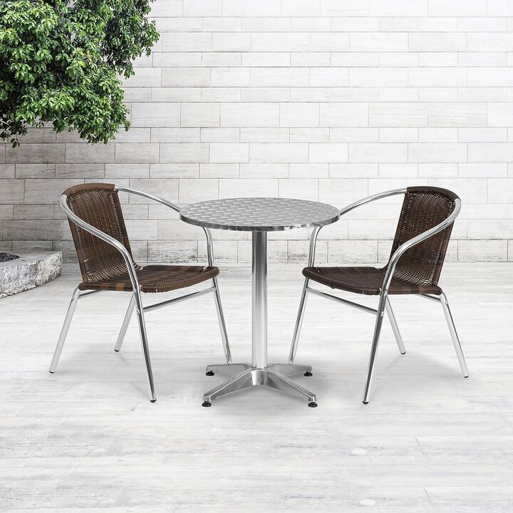 Flash Furniture Lila 23.5'' Round Aluminum Indoor-Outdoor Table Set with 2 Dark Brown Rattan Chairs