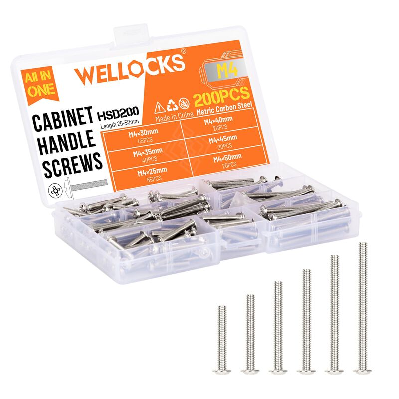WELLOCKS Cabinet Pulls Knobs Screws M4 25-50mm 200 PCS Assortment Silver Machine Screws Pan Washer Head Metal Phillips Screws Ki