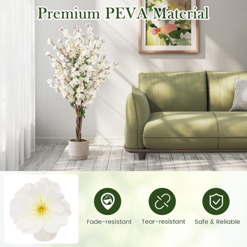 Hivvago Faux Plum Blossom Plant with White Fabric Flower and Solid Wood Trunk