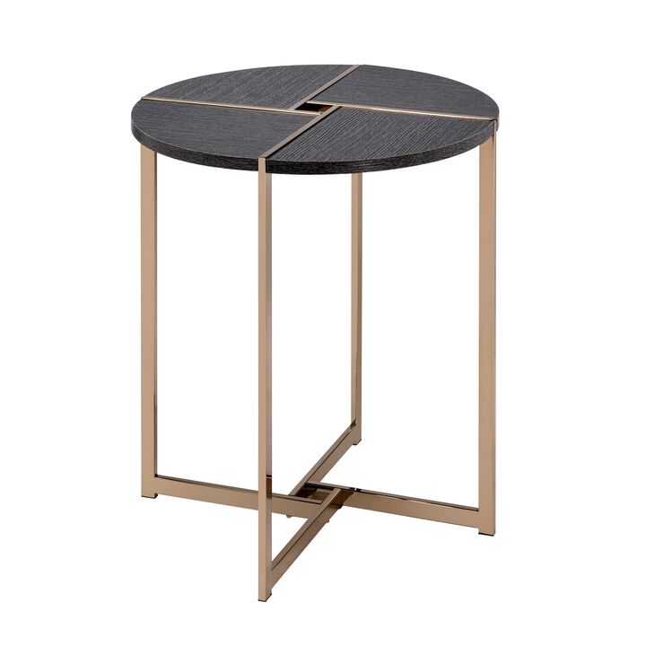 End Table with X Shaped Metal Base and Round Wooden Top, Gold and Gray-Benzara
