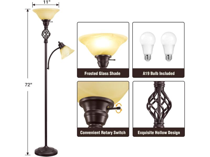 LED Torchiere Floor Lamp with Glass Shade Two Head Reading Light Home Decor image number 2