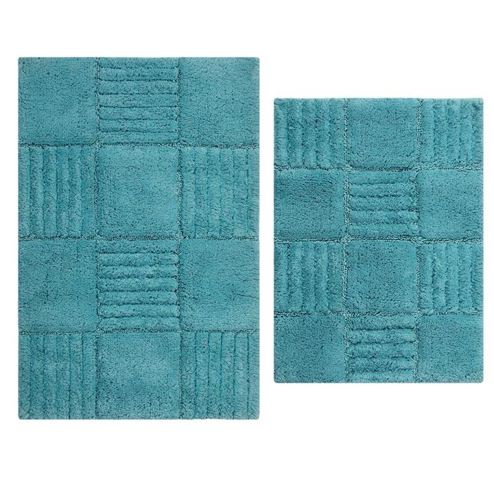 Knightsbridge Chakker Board 220 GSF Non Skid Back Bath Rug Set - 2- Piece - 17"x24" and 21"x34", Aqua