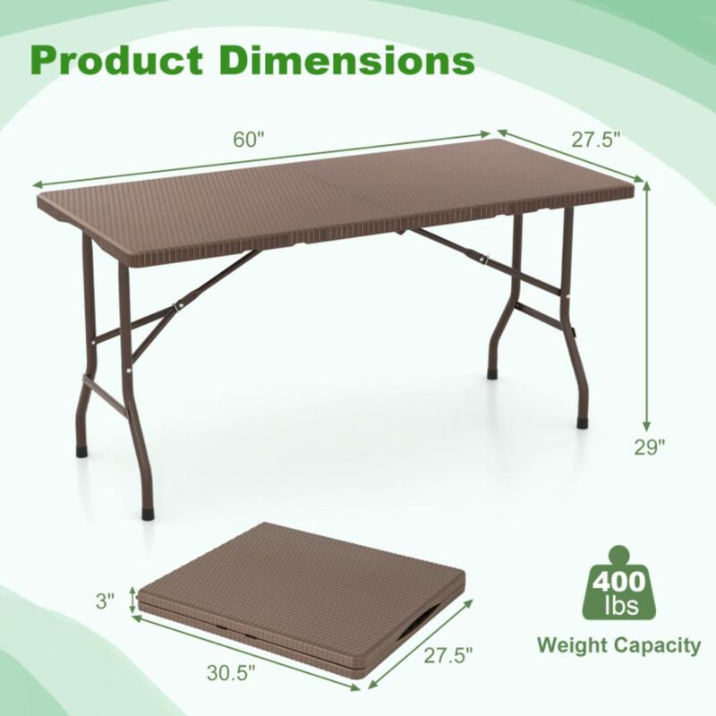 Hivvago 5FT Folding Picnic Table with Rattan Grain HDPE Tabletop and Sturdy Metal Fame