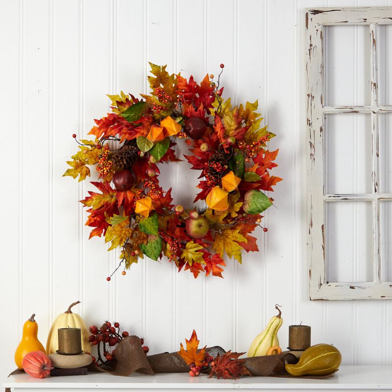 HomPlanti 24" Autumn Maple Leaf and Berries Fall Artificial Wreath