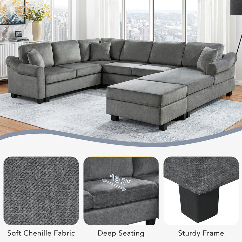 Merax U-shaped Sofa Chenille Upholstered Sofa Couch with Movable Storage Ottoman for Living Room