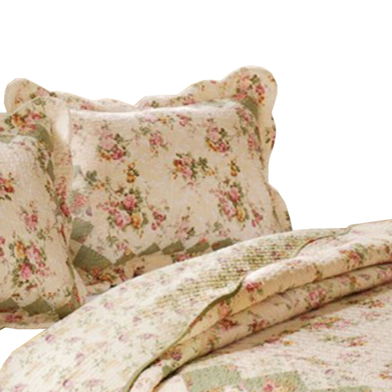 Denali 3 Piece Fabric King Size Quilt Set with Floral Prints, Multicolor - Benzara