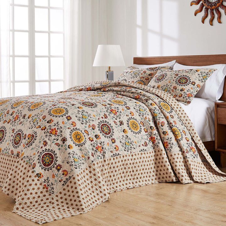 Greenland Home Fashions Andorra Cotton Kantha Quilted Bedspread Set - Jumbo Sized Reversible Quilt Set 3-Piece King/California King Taupe