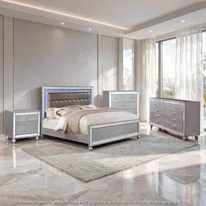 Queen Bedroom Set, Silver, 4 Piece Set with Chest, Dresser, and Nightstand