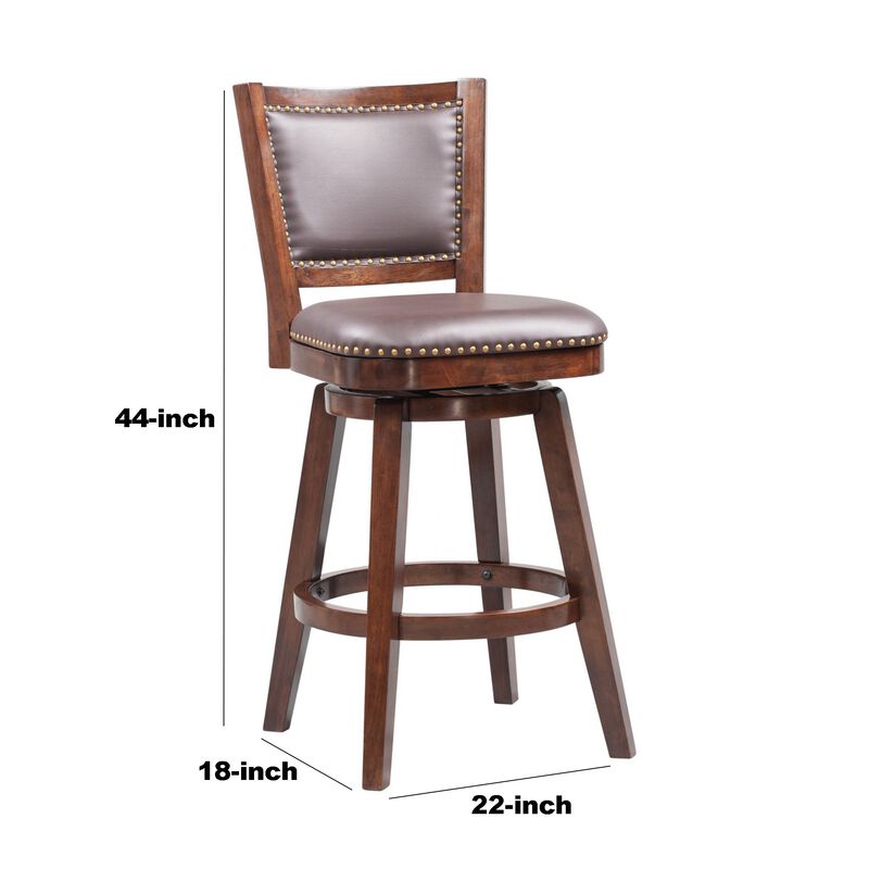 Swivel Bar Stool with Leatherette Padded Back and Nailhead Trim, Brown-Benzara image number 5