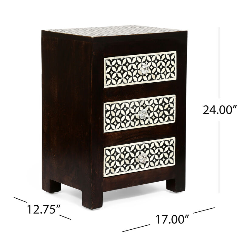 Streamdale Mango Wood Bone Inlay Nightstand With 3 Drawers