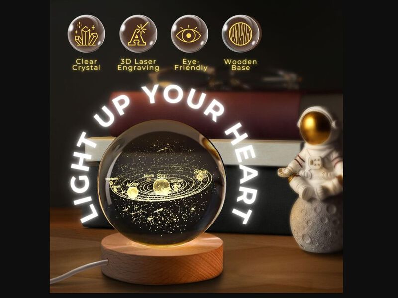 Solar System Crystal Ball Night Light LED Glass Lamp Wood Base Home Decor Gift image number 2