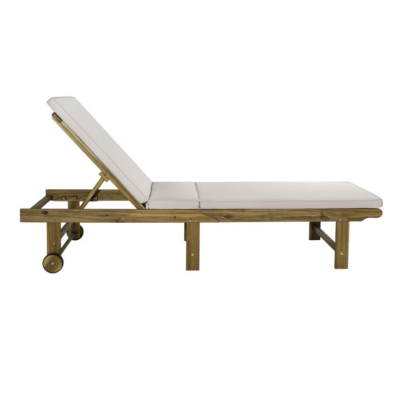 Mallorca Modern Classic Adjustable Acacia Wood Chaise Outdoor Lounge Chair with Cushion & Wheels