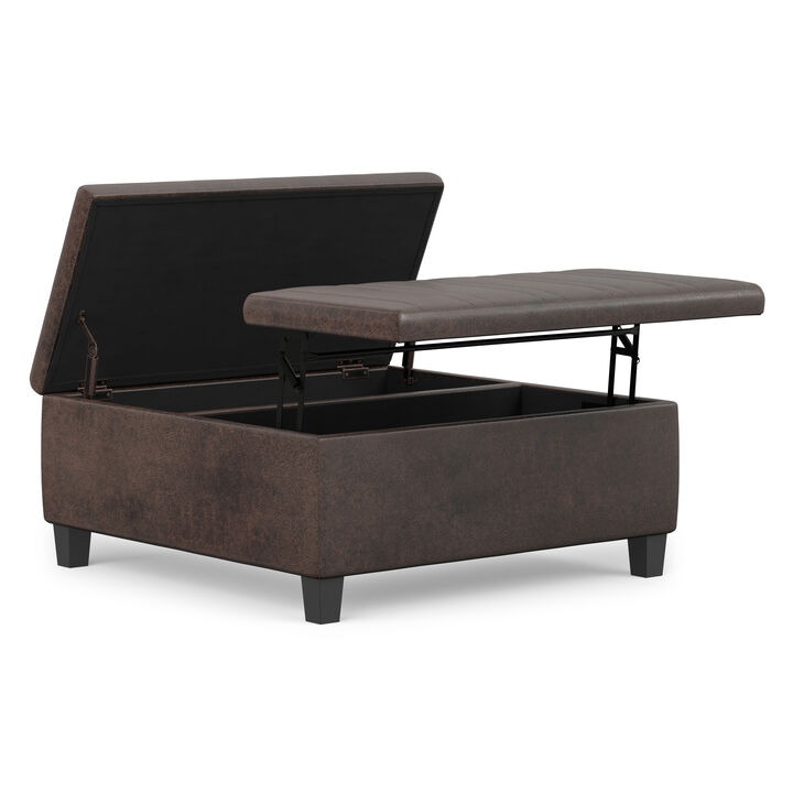 Ellis 36 inch Wide Contemporary Square Coffee Table Storage Ottoman in Distressed Brown Vegan Faux Leather, Assembled