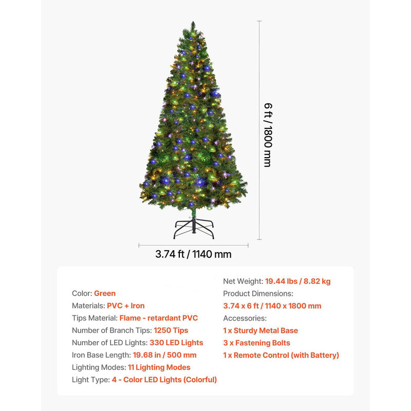 6FT Prelit Artificial Christmas Tree with 330 LED Lights and Stand image number 2