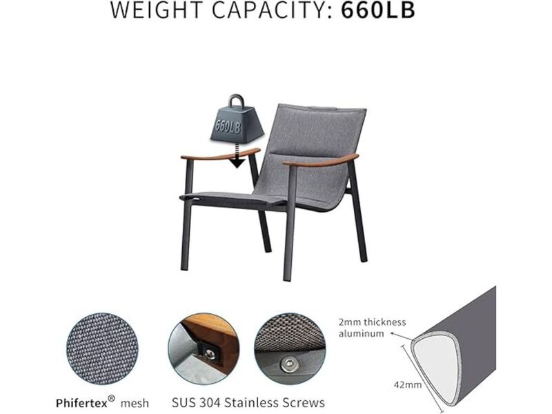 Accent Chair Set &ndash; 2 Dark Grey Metal Armchairs with Teak Arms & Table, Indoor/Outdoor image number 2