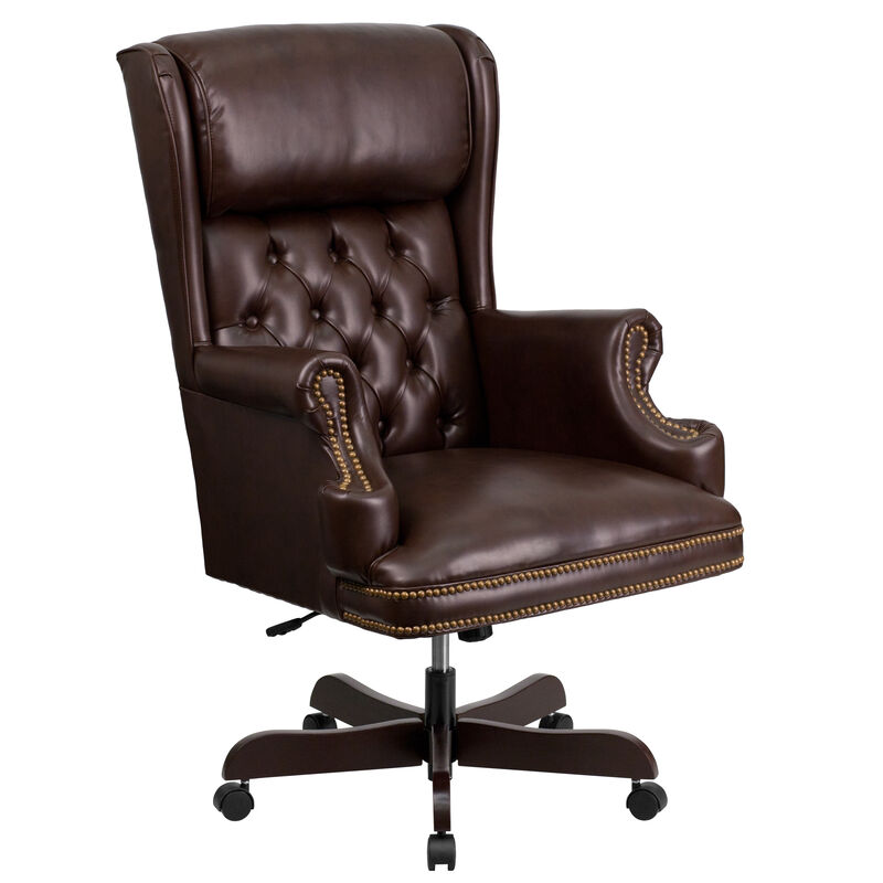 Ainslie High Back Traditional Tufted Brown LeatherSoft Executive Ergonomic Office Chair with Oversized Headrest & Nail Trim Arms image number 0