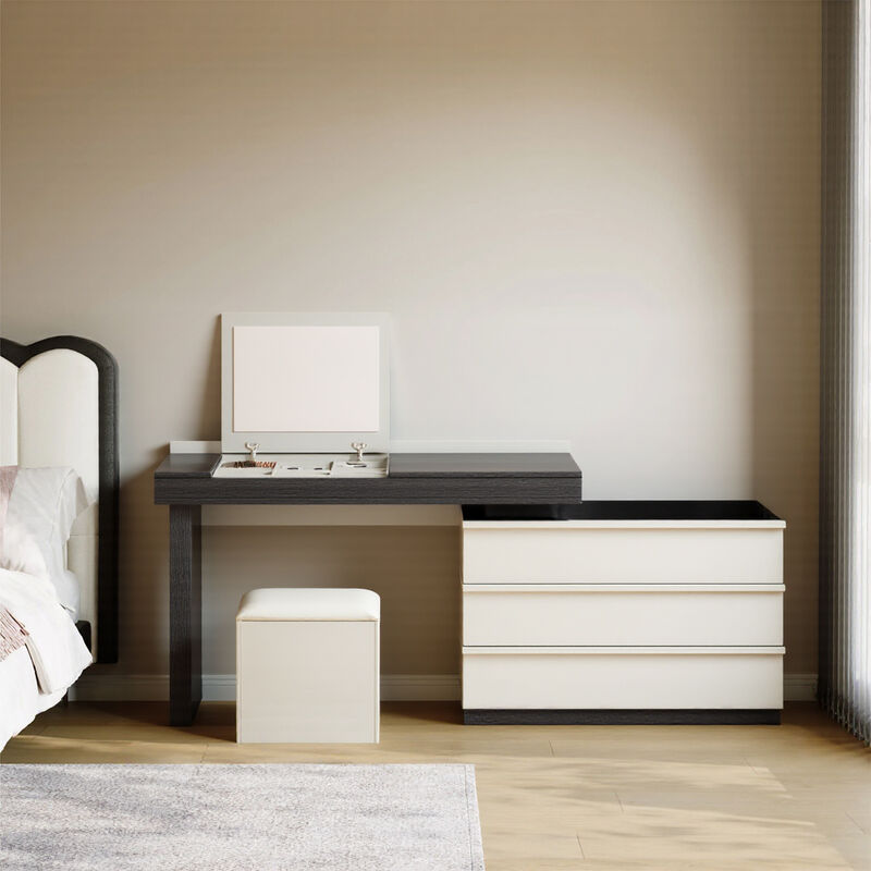 Adjustable L-Shaped Desk with Chair, 3 Drawers, Flippable Mirror & Storage Space for Writing & Vanity 47-70" Black & White