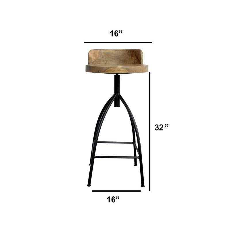 Pia 32-35 Extra Tall Adjustable Barstool, Natural Brown Mango Wood Seat, Black Iron Frame
