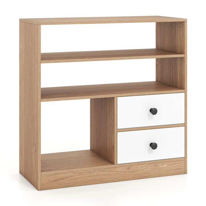 Storage Cabinet with 3 Open Compartments and 2 Drawers for Home Office-Natural