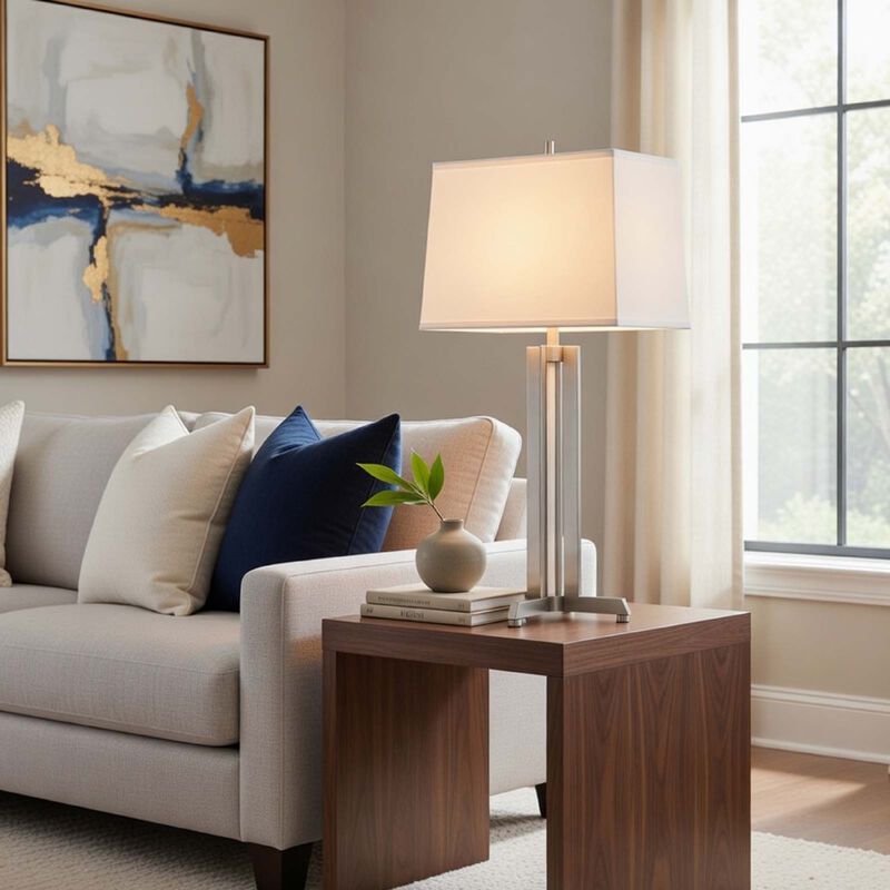 Liam Table Lamp, White Drum Shade, 30 Inch Brushed Steel Footed Base image number 1