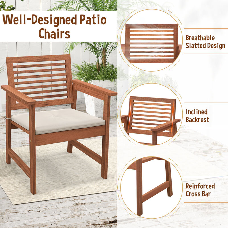 Set of 2 Patio Solid Wood Dining Chairs with Cushions and Slatted Seat
