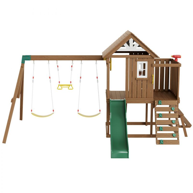 Backyard Wooden Swing Set with Slide and Upper Play Fort for Kids