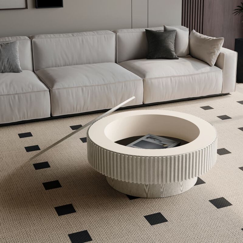 Round coffee table with storage Solid wood veneer and MDF coffee table with fluted base Modern accent coffee table for small spaces image number 4