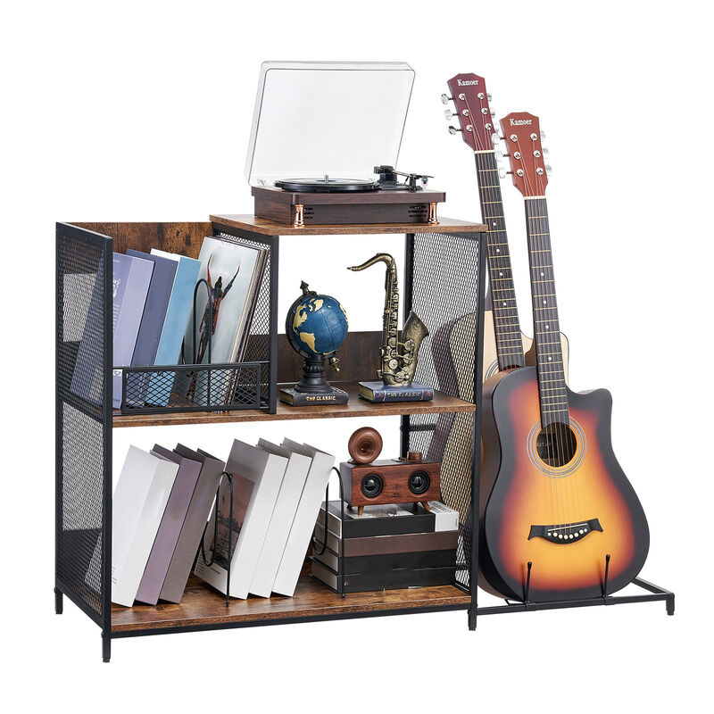 Vinyl Record Cabinet with Guitar Rack – 3-Tier Record Player Stand, Holds Up to 300 Albums, Turntable Table for Bedroom or Living Room