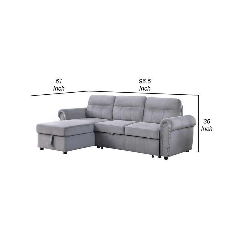 Irma 97 Inch 2 Piece Sectional Sofa, Pull Out Bed, Rolled Arm, Gray Velvet