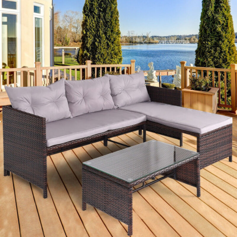 3 pcs Rattan Wicker Deck Couch Outdoor Patio Sofa Set