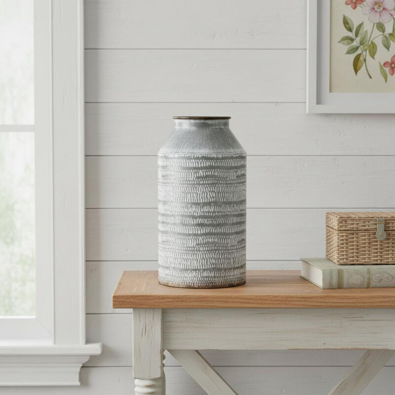 HomeRoots 10" Gray Galvanized Metal Geometric Patterned Jug Vase image number 1
