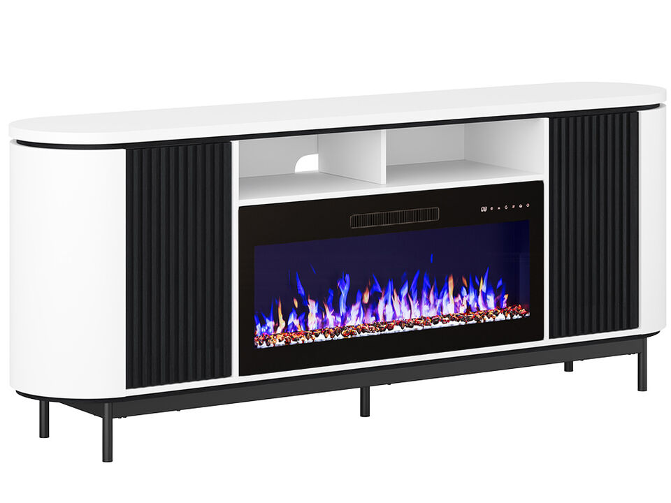 BELLEZE 76" Fluted TV Stand with 36" Electric Fireplace, Large Entertainment Center with Storage for TVs up to 80", Modern Media Console TV Cabinet for Living Room and Bedroom, White