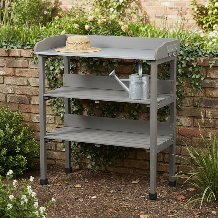 3 Layers Outdoor Work Bench w/Hook, Metal Tabletop, Solid Wood Workstation