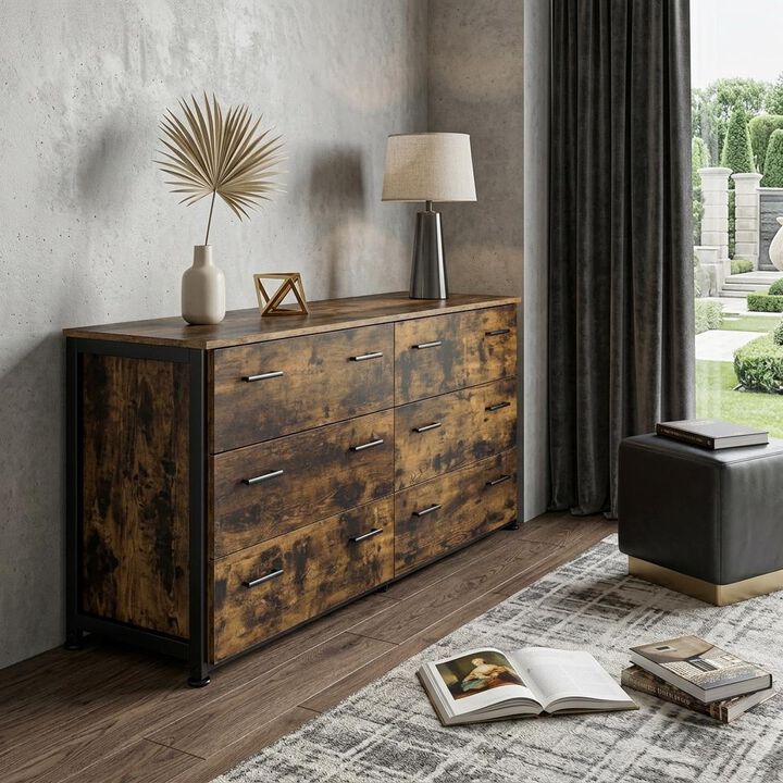 HomeRoots 59" Brown and Black Six Drawer Double Dresser