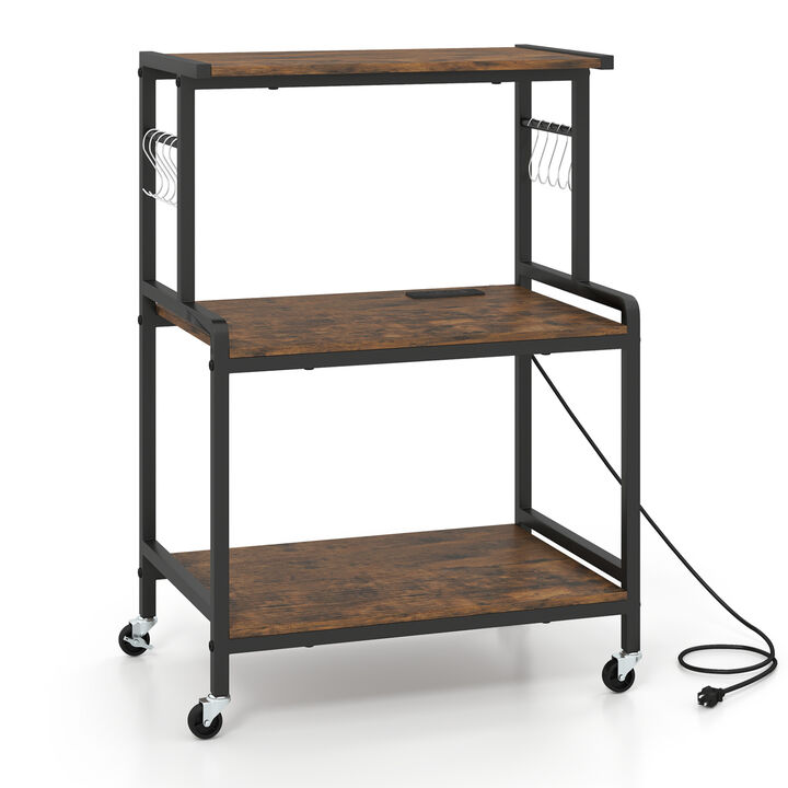 3-Tier Microwave Stand with Power Outlet, Lockable Wheels and Hooks