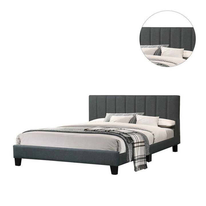 Eve Platform Queen Size Bed, Vertical Channel Tufting, Charcoal Upholstery - Benzara