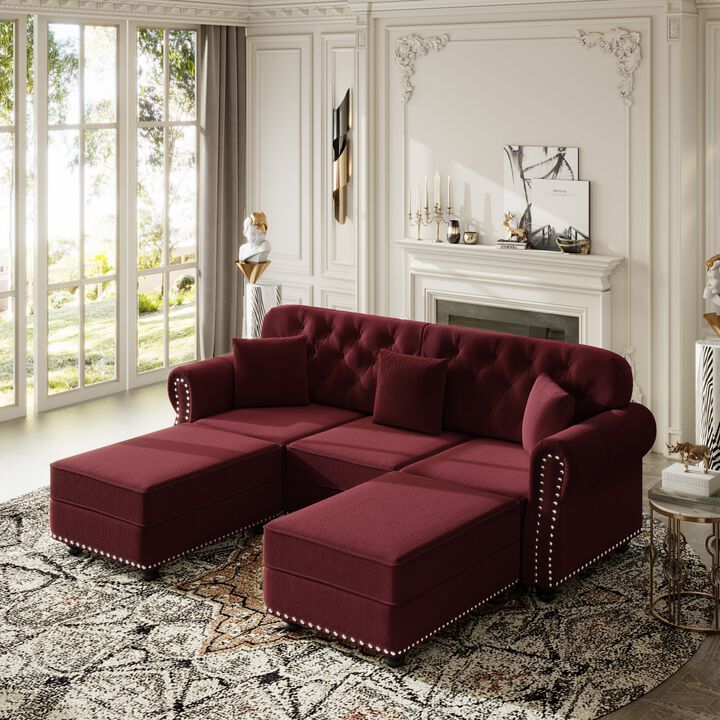 Whisen 3 Seat Velvet Upholstered Sectionals with 2 Ottomans, Nailhead Trim, Mid-Century Modern, for Living Room