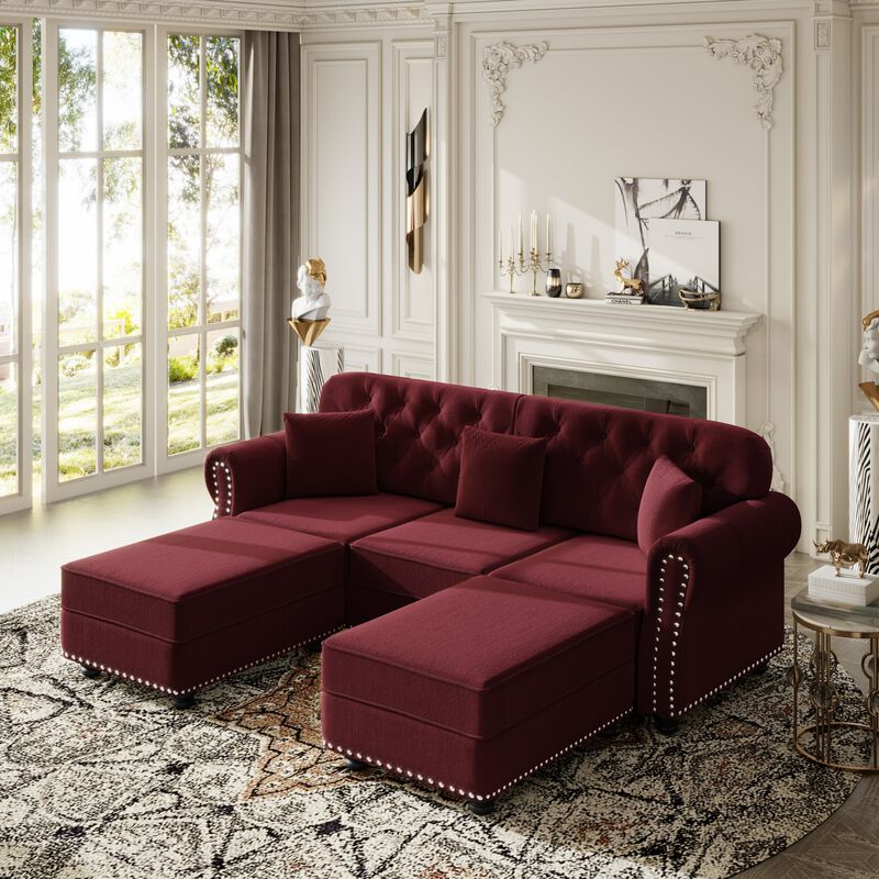 Whisen 3 Seat Velvet Upholstered Sectionals with 2 Ottomans, Nailhead Trim, Mid-Century Modern, for Living Room image number 1
