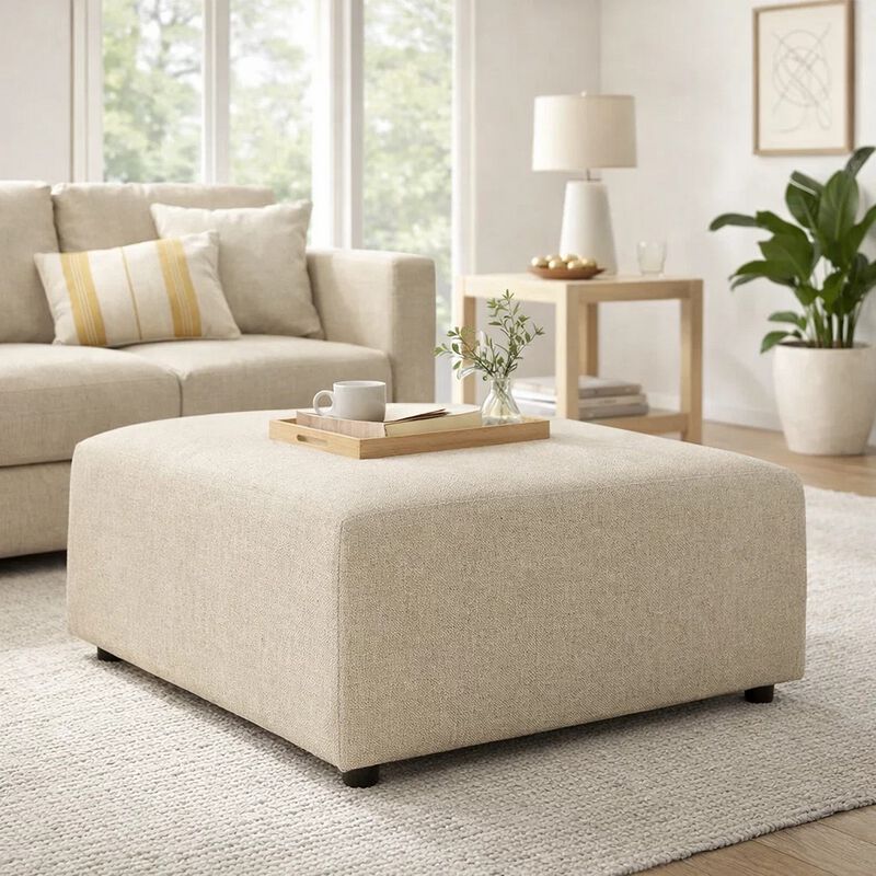 Felo Square Accent Ottoman, 39 Inch Modern Beige Polyester Cushioned image number 6