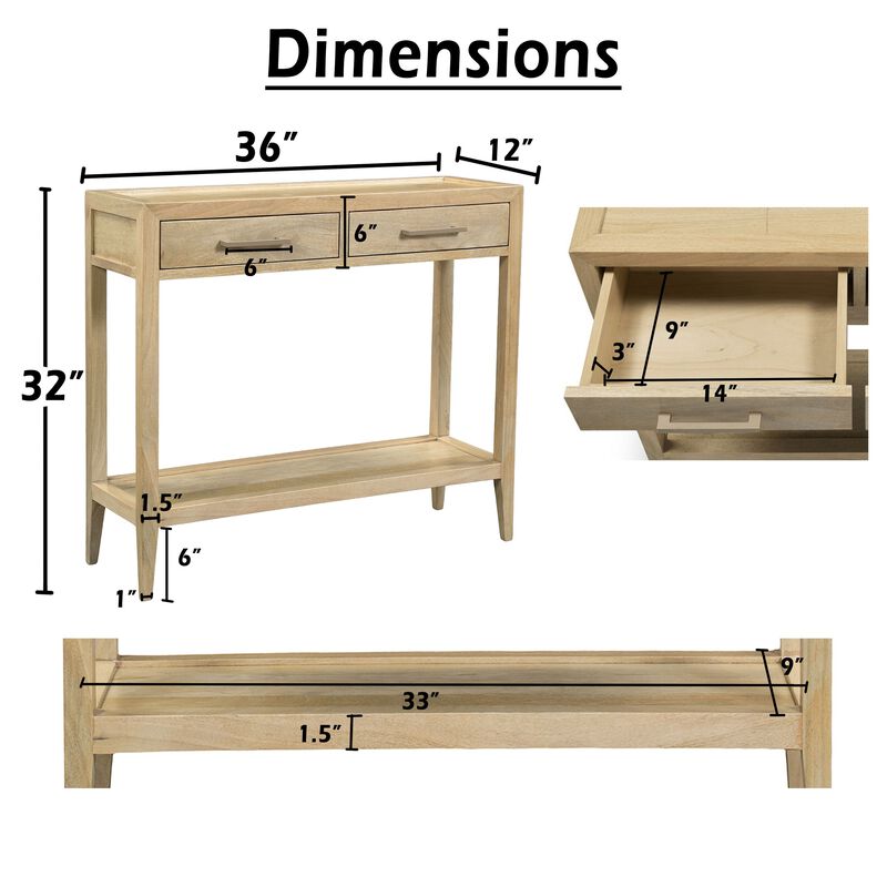 Unya 36 Inch Sofa Console Table with Shelf, 2 Drawers, Natural Brown Mango Wood, Organic Decor image number 5
