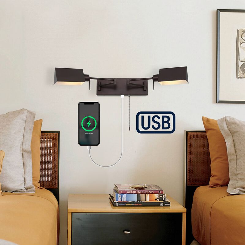 Arlo 54" 2-Light Farmhouse Industrial Double Swing Arm Iron LED Wall Sconce with Pull-Chain USB Charging Port