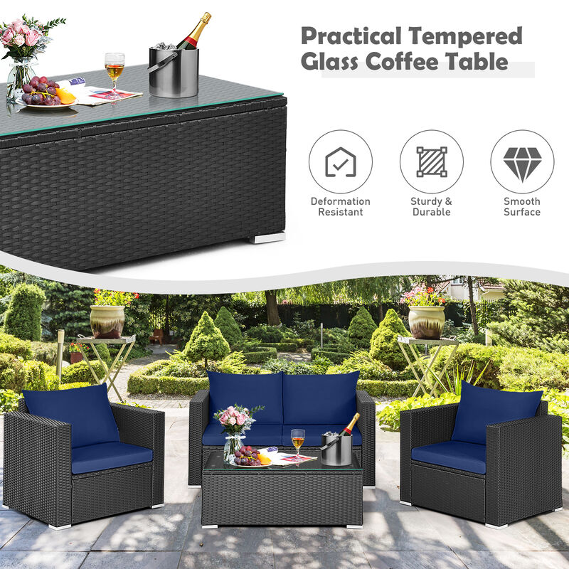 4 Pieces Patio Rattan Conversation Set with Padded Cushion and Tempered Glass Coffee Table