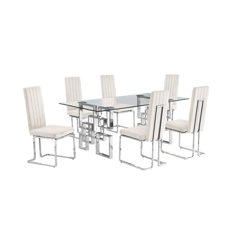 7-piece glam dining set with 6 Cream side chairs and one 79" glass dining table
