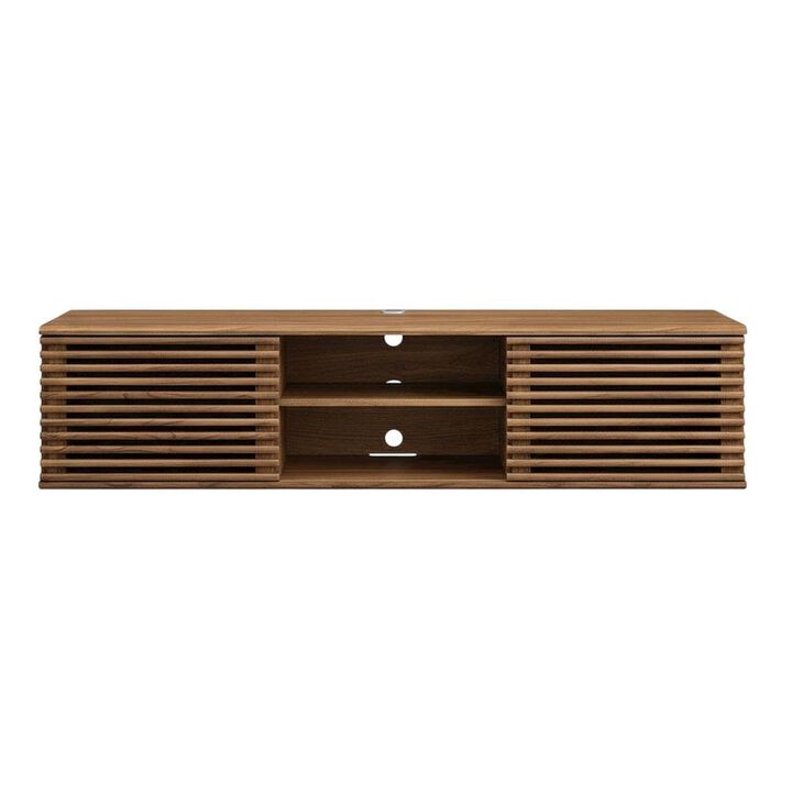 Brown wood wall-mounted media console with sleek design and sturdy construction