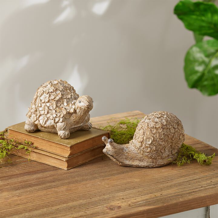 Set of 2 Floral Turtle and Snail Figurines for Garden or Tabletop Decor