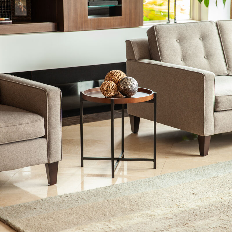 Mid-century Modern Round Side Table with Removable Wood Tray