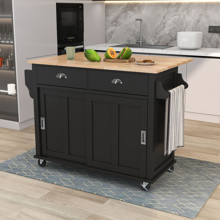 Whisen Modern Kitchen Island with Rubber wood Drop-Leaf Countertop and Storage Cabinet - White