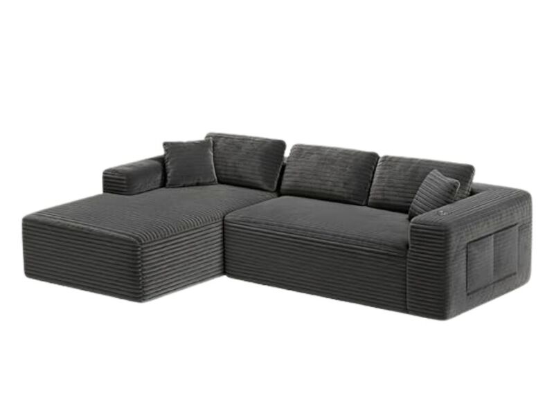 Sectional Sofa &ndash; 108" Grey Corduroy Cloud Modular Couch with Chaise & Storage Pockets image number 0